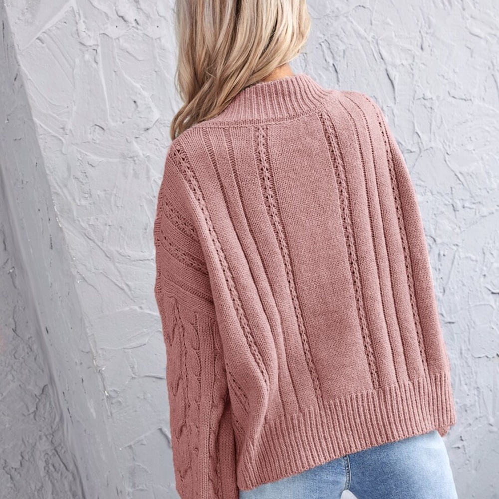 V neck Chunky Knit Cable Oversized Sweater Pink - Picture 14 of 14